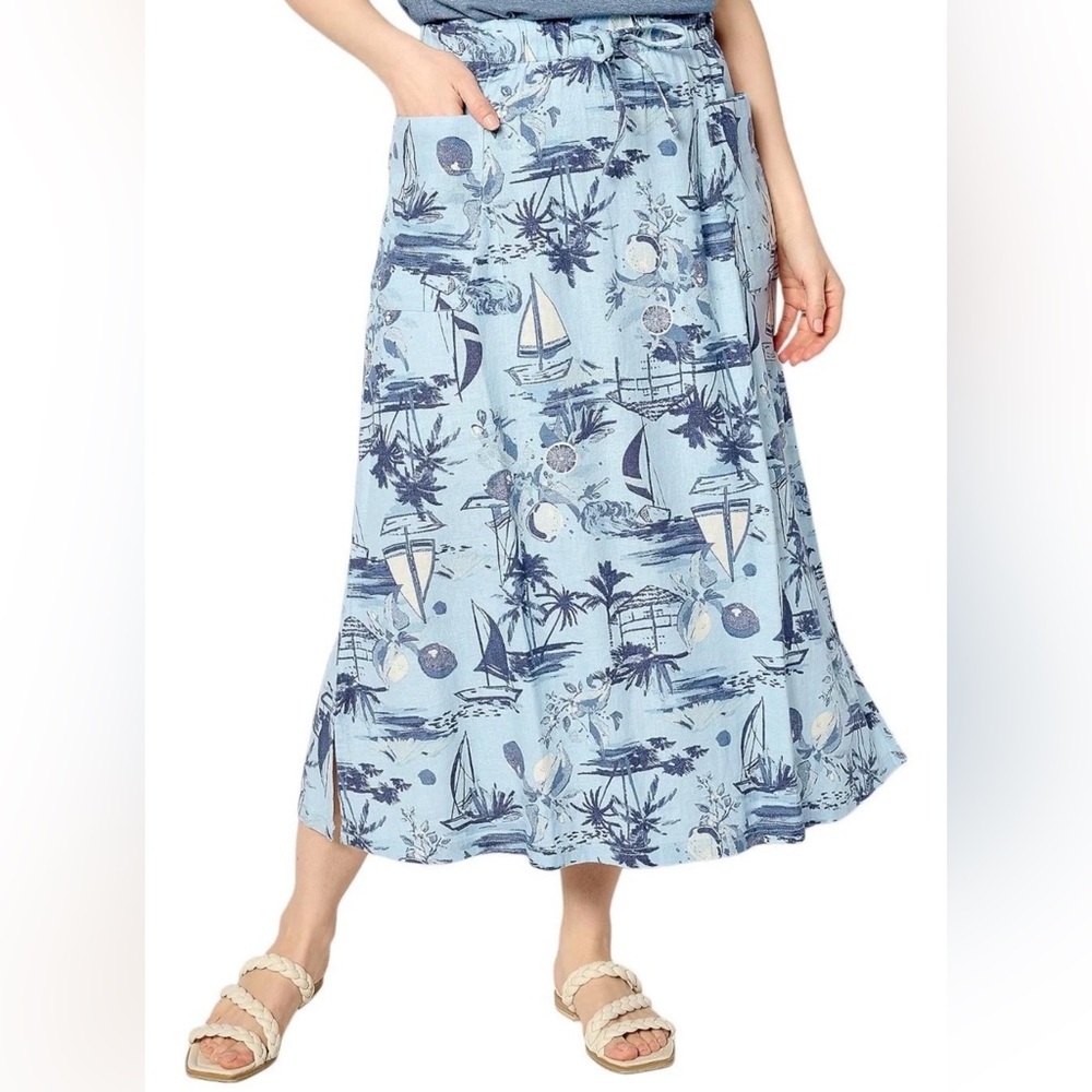 Denim & Co. Women's Naturals Sailboat print Linen Blend Midi Skirt XLP NWOT